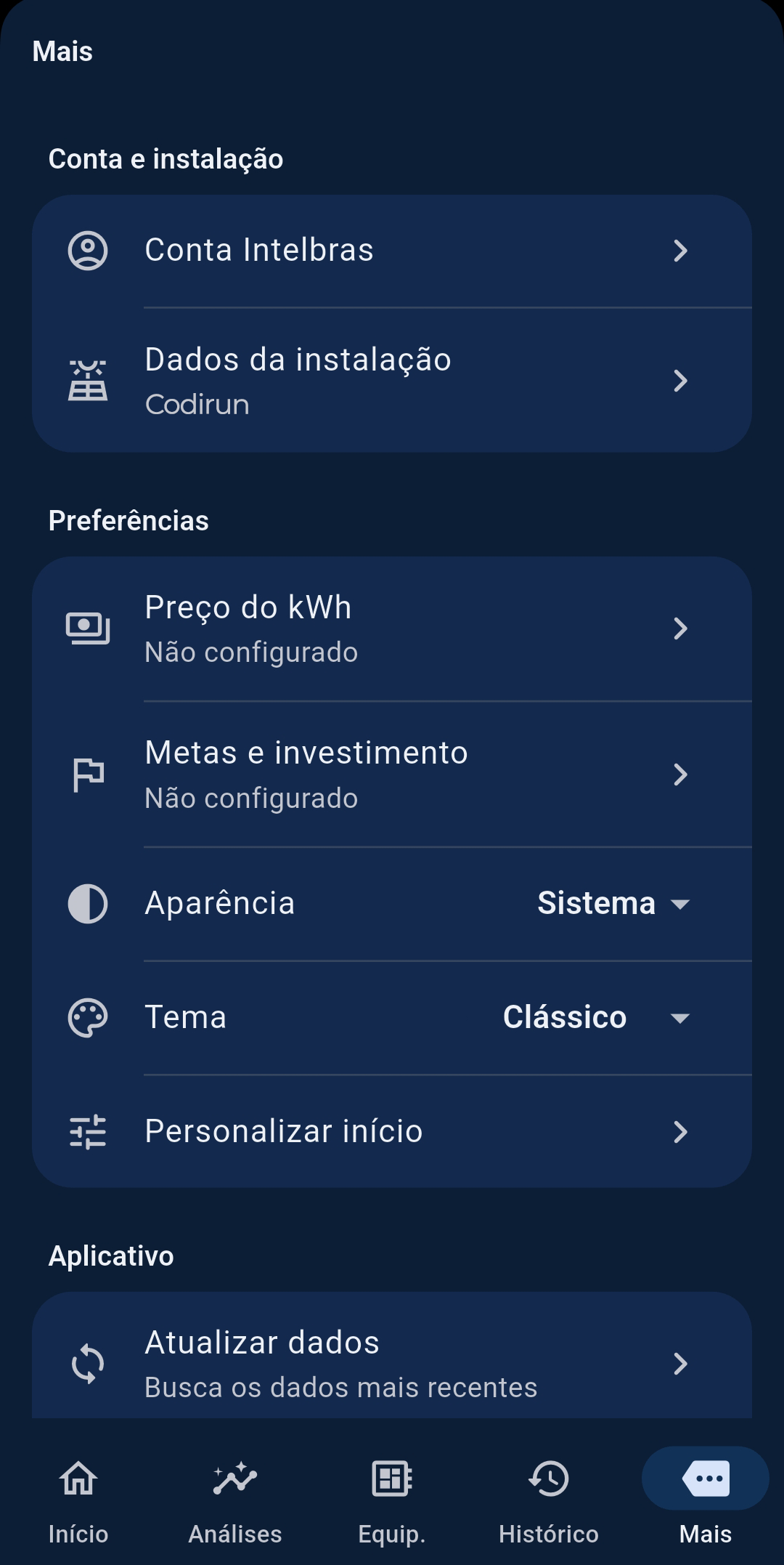Tela Mais com preferências do aplicativo (tema escuro)