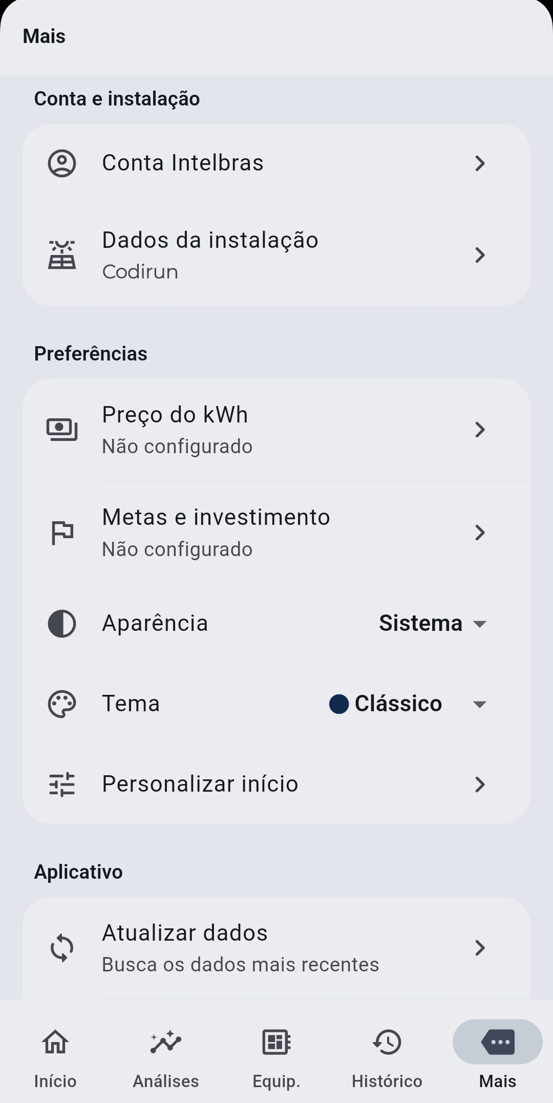 Tela Mais com preferências do aplicativo
